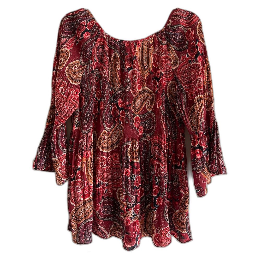 Avenue Red Colorful Boho Top Plus Size 22 24 Pleated Paisley Bell Sleeves - Picture 10 of 10